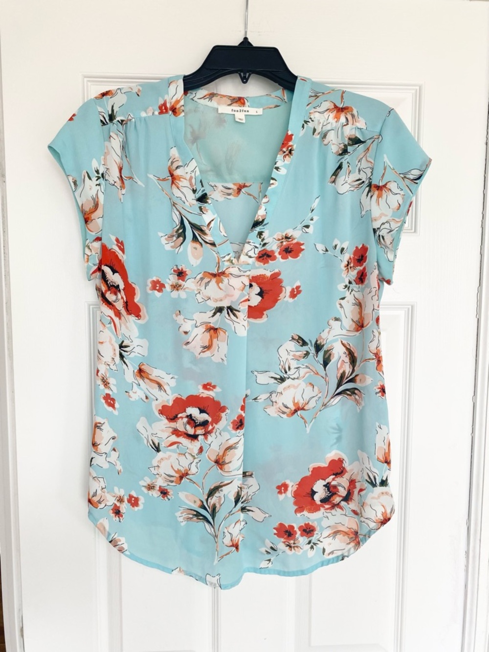Fifth Sun Aqua Floral V-Neck Blouse with Coral Accents